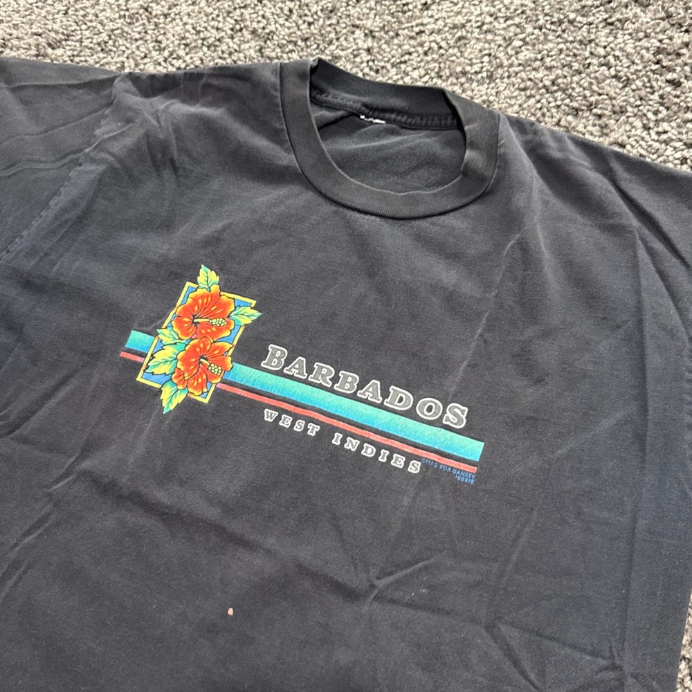 Vintage Barbados West Indies T-Shirt Mens Black Good Tropical Floral